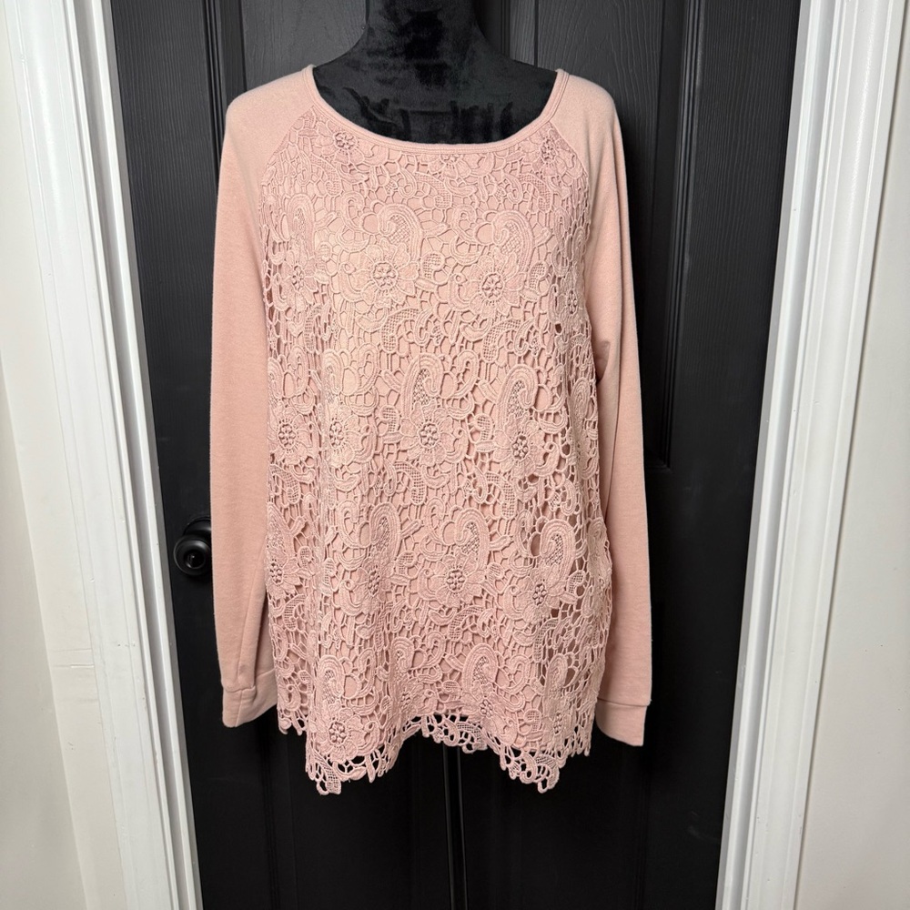 Adrianna Papell Floral Lace Front Blush Pink Embroidered Sweater XL.